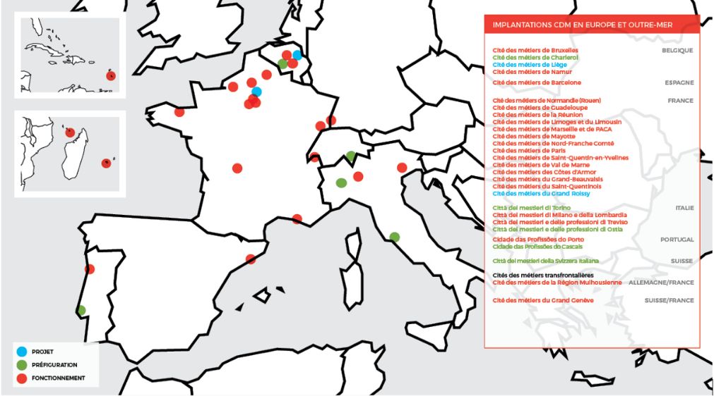 Carte de L'implantation des Cités des métiers à l'international